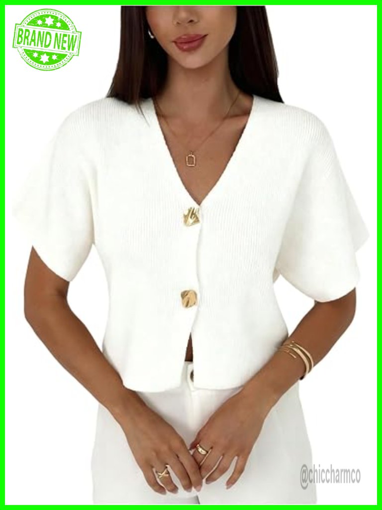 Metal Short Sleeve Cardigan V Neck Button Down Knitted Top